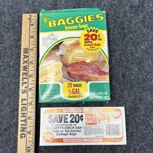 Vtg 1985 Baggies Freezer Bags 20 Ct Twist Ties Expired Coupon Mobil Chemical 80s
